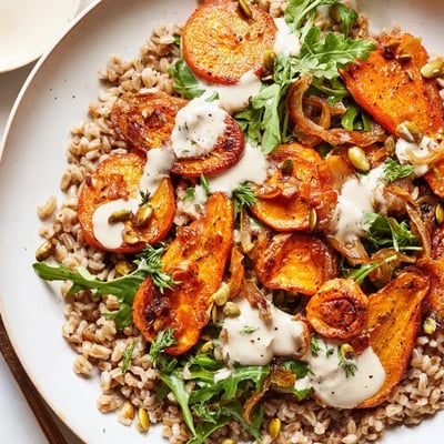 Roasted Carrot Tahini Farro Bowl
