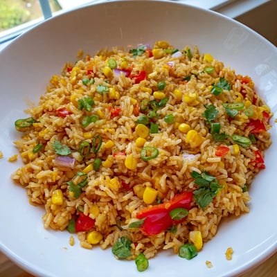 Steaming bowl of chili lime corn fried rice with vibrant diced peppers and cilantro